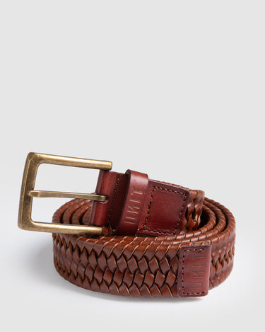 Braided Leather Stretch Belt Dark Tan